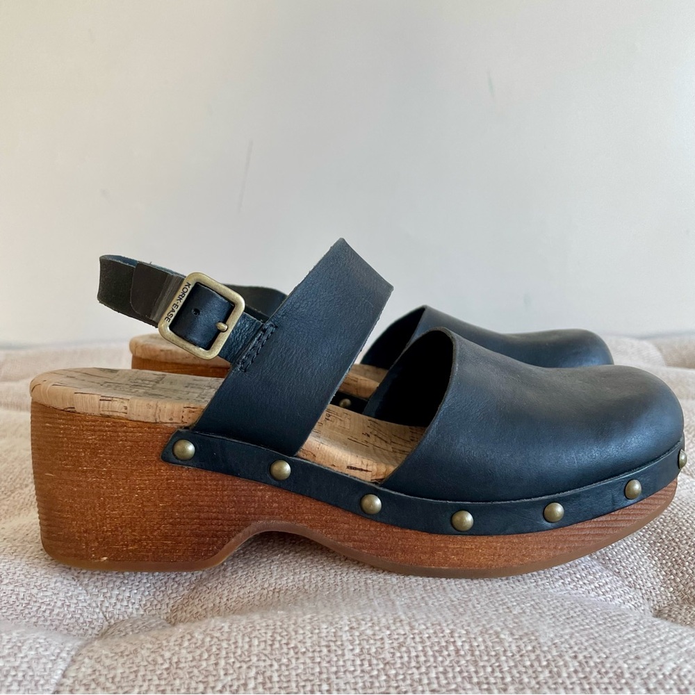 Kork-Ease Black Leather Platform Clogs with Brass Studs - Picture 8 of 13